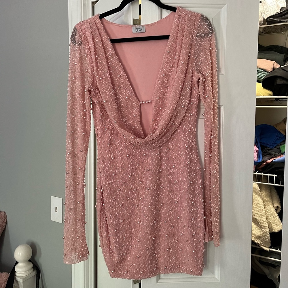 Oh Polly long sleeve deep plunge mini dress in Rose